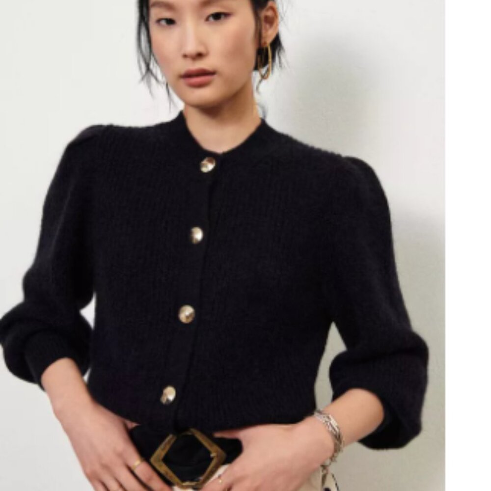 ba&sh Black Cropped Puff-Sleeve Cardigan with Gold Buttons